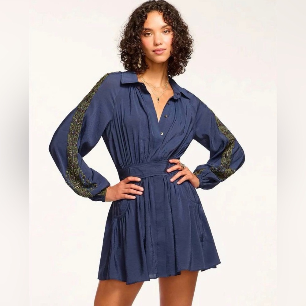 Ramy Brook Cady Beaded Detail Long Sleeve Minidress | Navy Blue, Size L